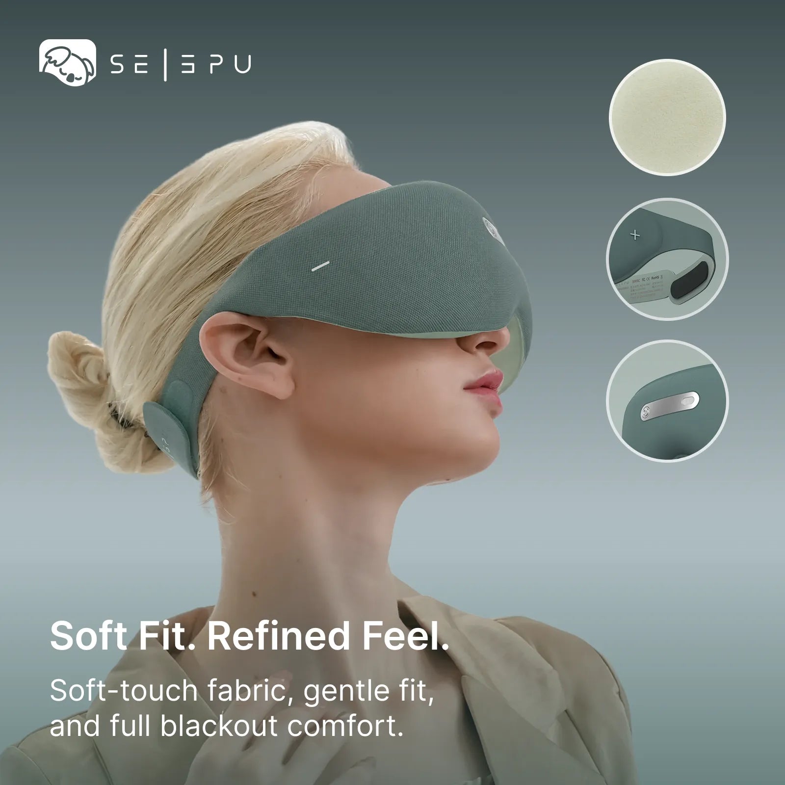 Blonde woman wearing Selepu DreamPilot M103 AI-Powered Neuro Sleep Mask, soft fabric full blackout ergonomic eye mask for restful deep sleep