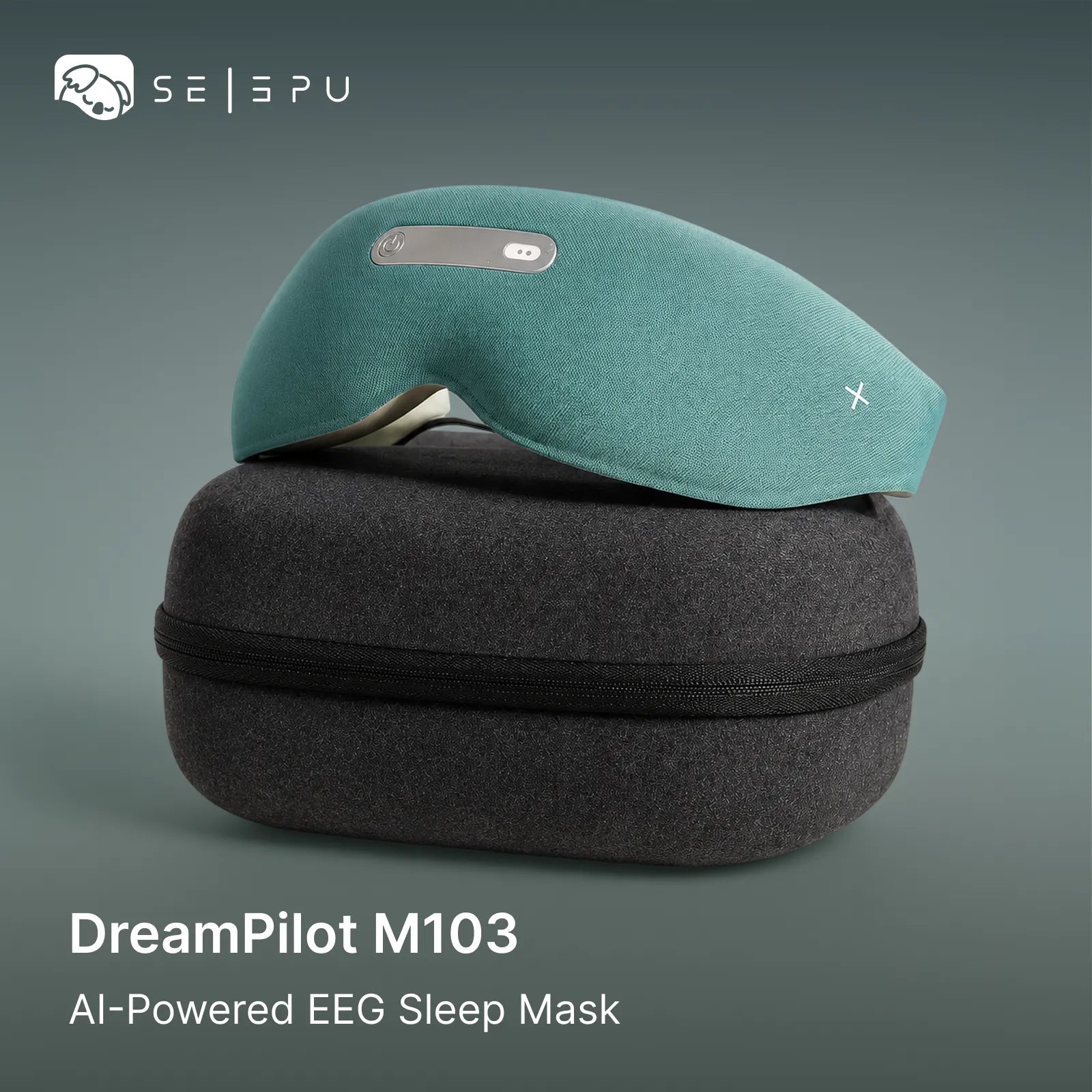 Selepu DreamPilot M103 AI-Powered Neuro Sleep Mask: Teal smart sleep mask resting on dark grey zippered travel carry case