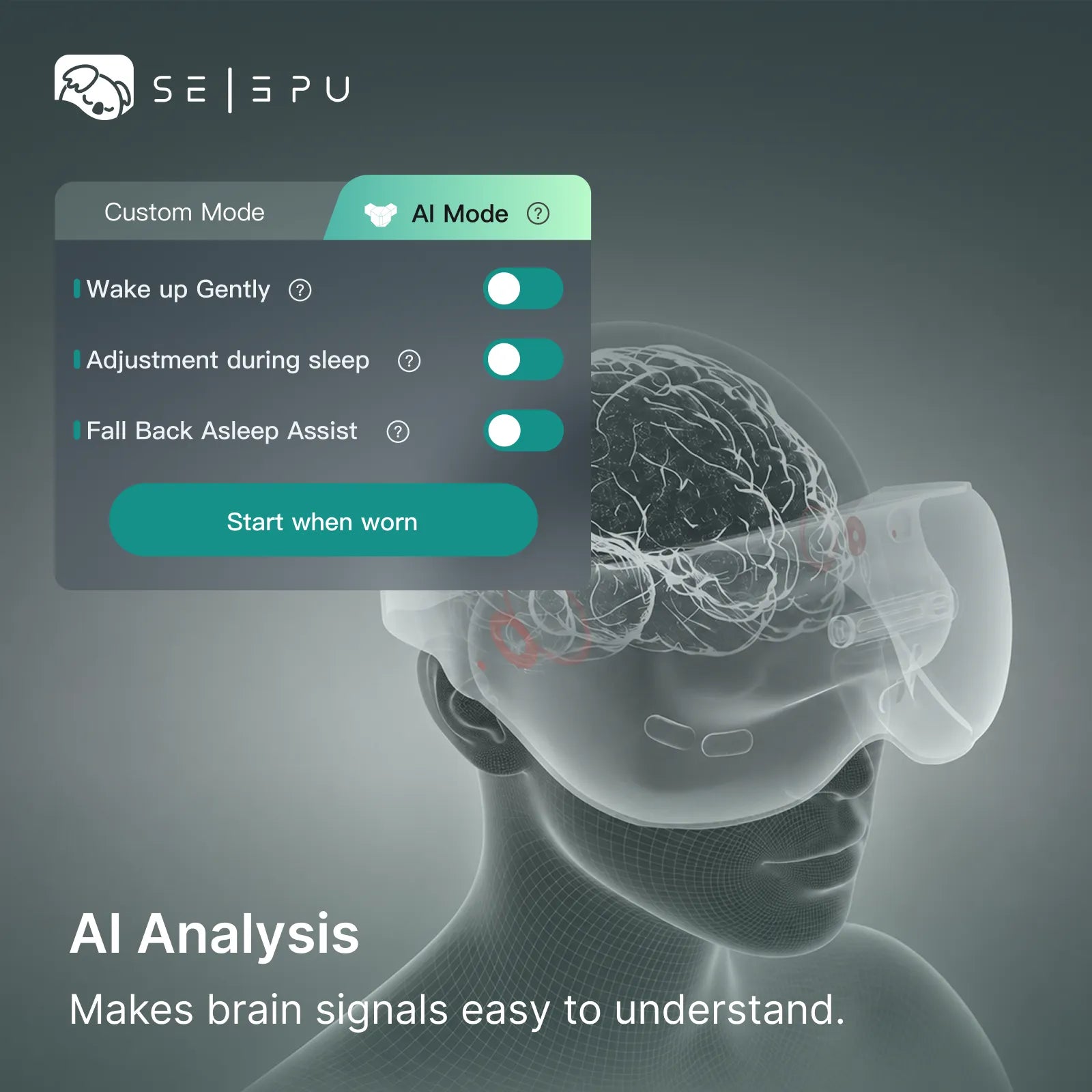 Selepu DreamPilot M103 AI-Powered Neuro Sleep Mask, AI mode settings interface, brain signal sleep analysis feature demo