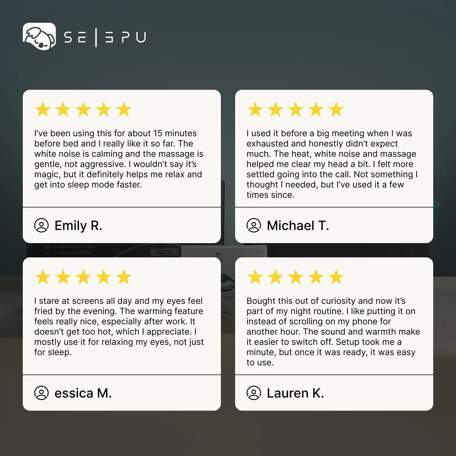 Four 5-star positive customer testimonials for Selepu DreamPilot M103 AI Neuro Sleep Mask, feedback for its heating, massage and white noise functions